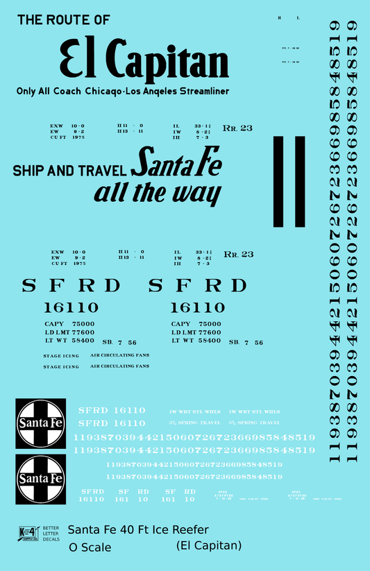 Santa Fe Reefer Despatch 40 Ft Ice Reefer Black El Capitan - Decal Sheet