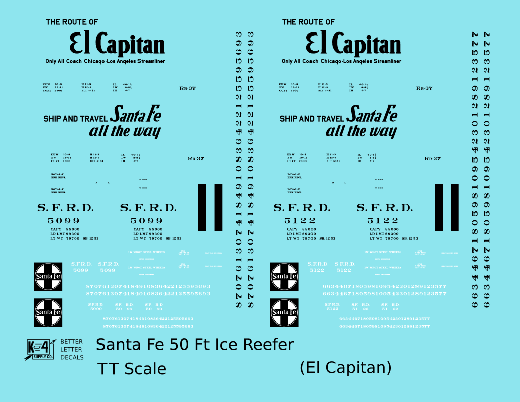 Santa Fe Reefer Despatch 50 Ft Ice Reefer Black El Capitan - Decal - Choose Scale