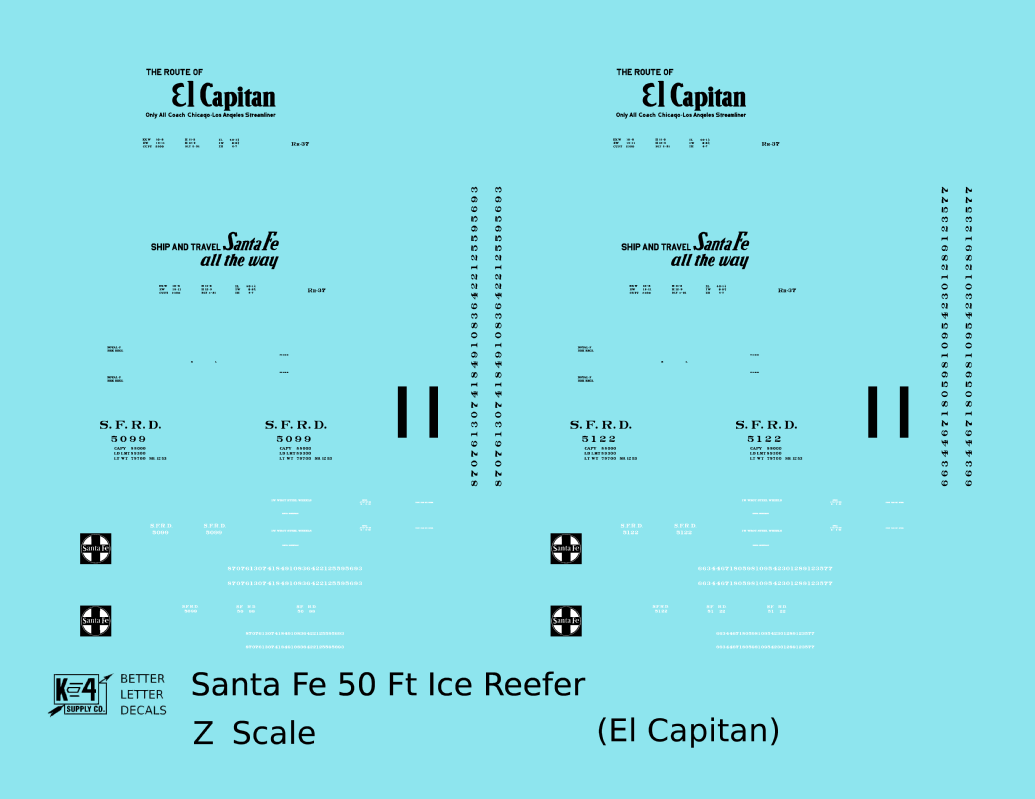 Santa Fe Reefer Despatch 50 Ft Ice Reefer Black El Capitan - Decal - Choose Scale