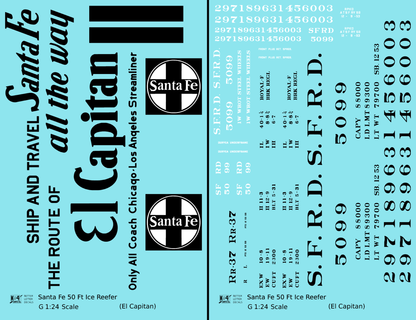 Santa Fe Reefer Despatch 50 Ft Ice Reefer Black El Capitan - Decal - Choose Scale