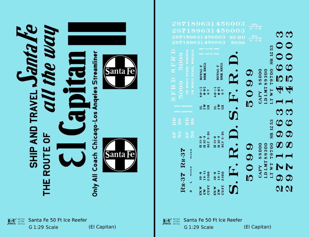 Santa Fe Reefer Despatch 50 Ft Ice Reefer Black El Capitan - Decal - Choose Scale