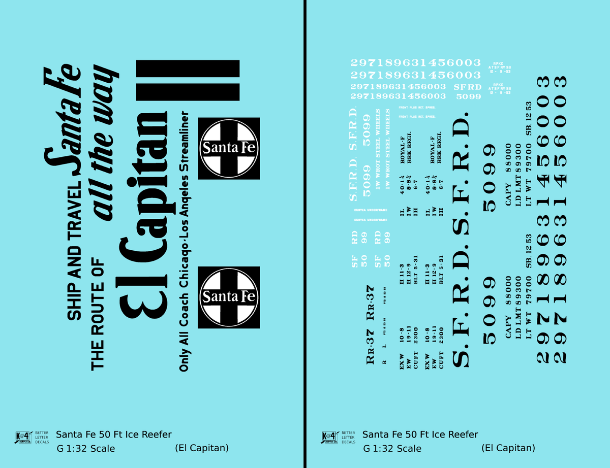 Santa Fe Reefer Despatch 50 Ft Ice Reefer Black El Capitan - Decal - Choose Scale