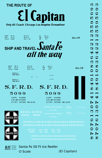 Santa Fe Reefer Despatch 50 Ft Ice Reefer Black El Capitan - Decal - Choose Scale