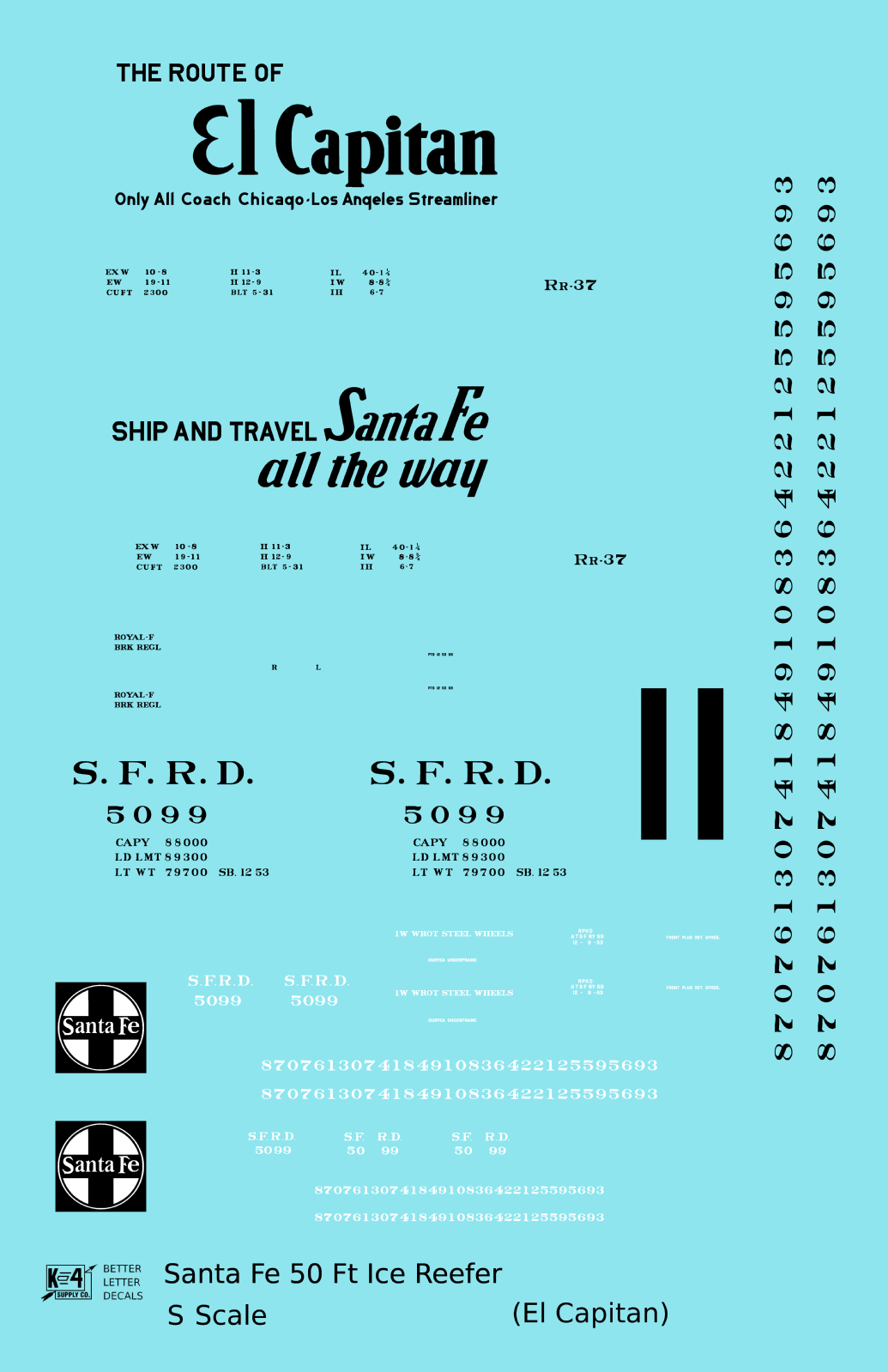 Santa Fe Reefer Despatch 50 Ft Ice Reefer Black El Capitan - Decal - Choose Scale
