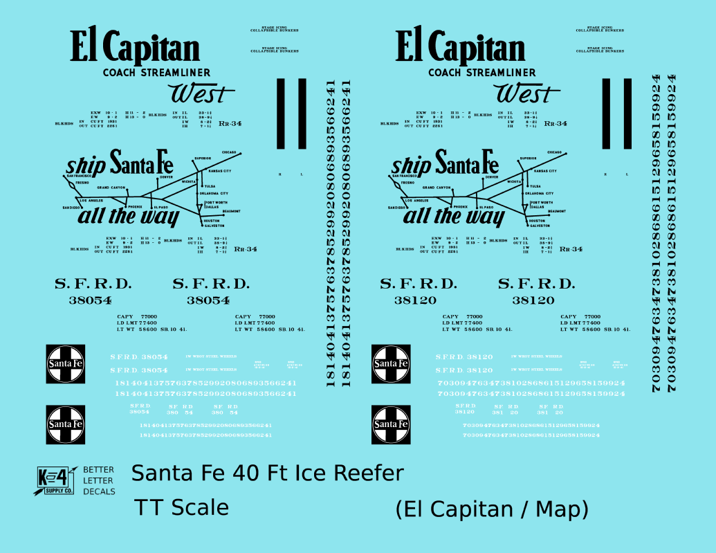 Santa Fe Reefer Despatch 40 Ft Ice Reefer Black El Capitan/Map - Decal - Choose Scale