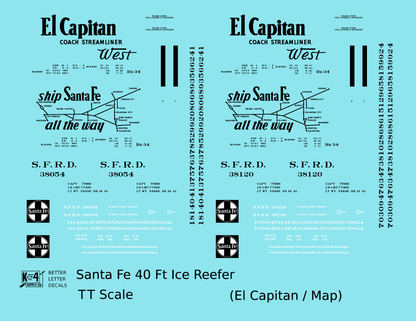 Santa Fe Reefer Despatch 40 Ft Ice Reefer Black El Capitan/Map - Decal - Choose Scale