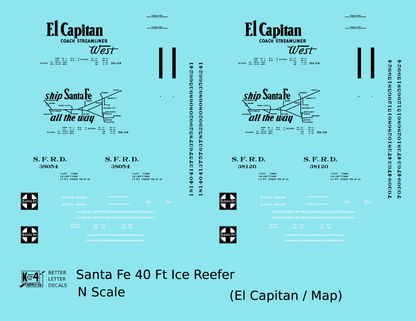 Santa Fe Reefer Despatch 40 Ft Ice Reefer Black El Capitan/Map - Decal - Choose Scale