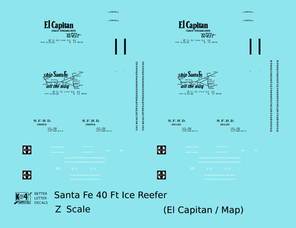 Santa Fe Reefer Despatch 40 Ft Ice Reefer Black El Capitan/Map - Decal - Choose Scale