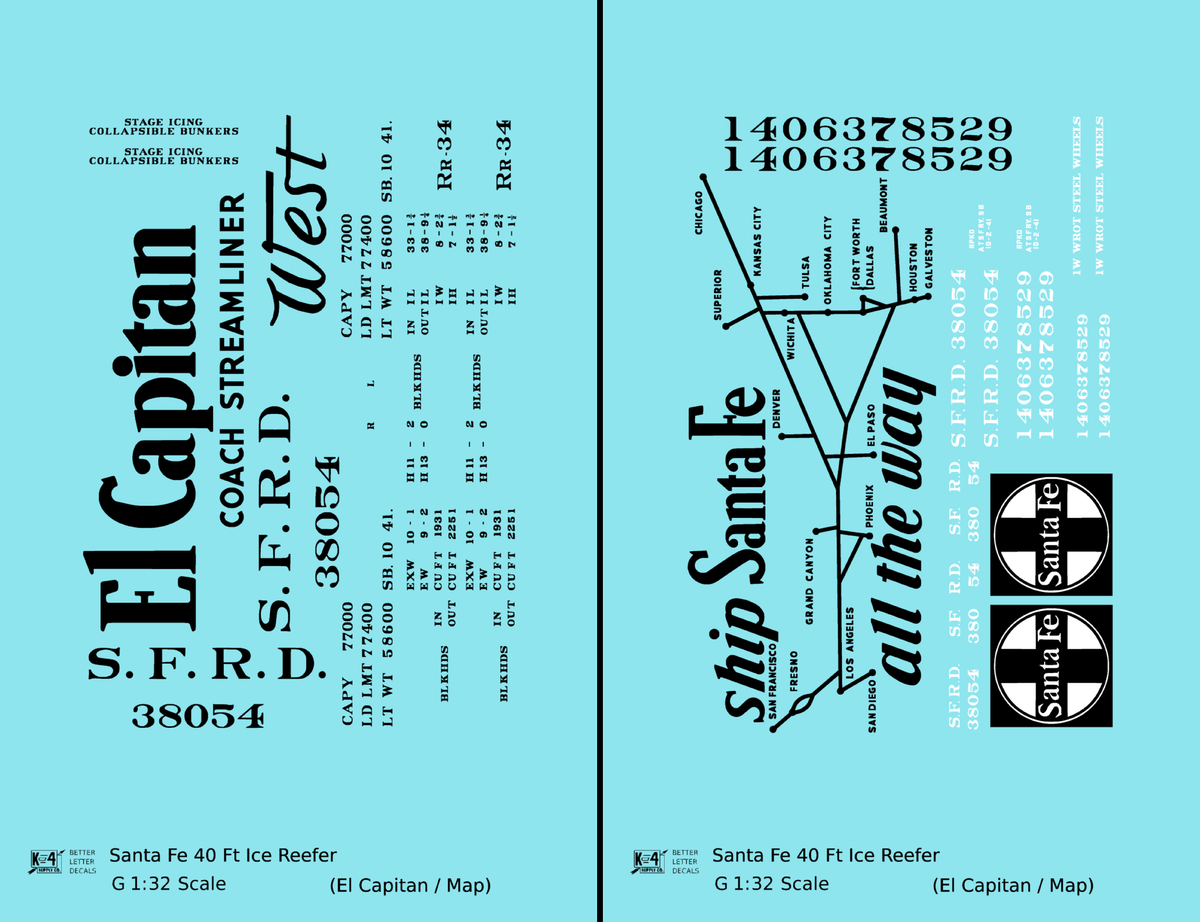 Santa Fe Reefer Despatch 40 Ft Ice Reefer Black El Capitan/Map - Decal - Choose Scale
