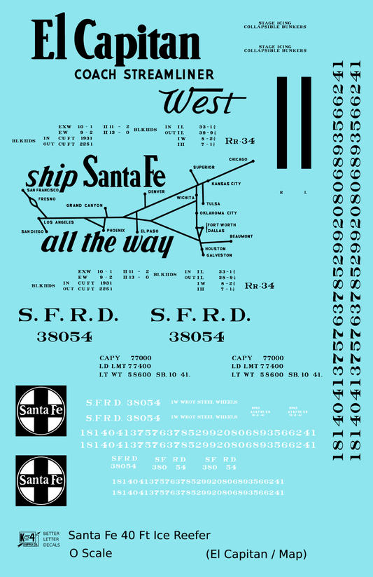 Santa Fe Reefer Despatch 40 Ft Ice Reefer Black El Capitan/Map - Decal Sheet