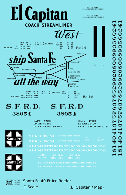 Santa Fe Reefer Despatch 40 Ft Ice Reefer Black El Capitan/Map - Decal - Choose Scale