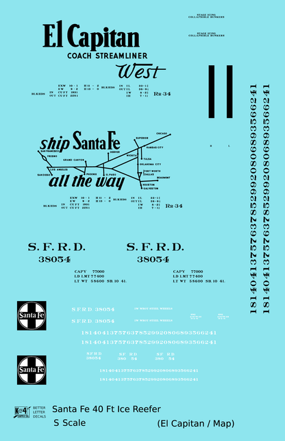 Santa Fe Reefer Despatch 40 Ft Ice Reefer Black El Capitan/Map - Decal - Choose Scale