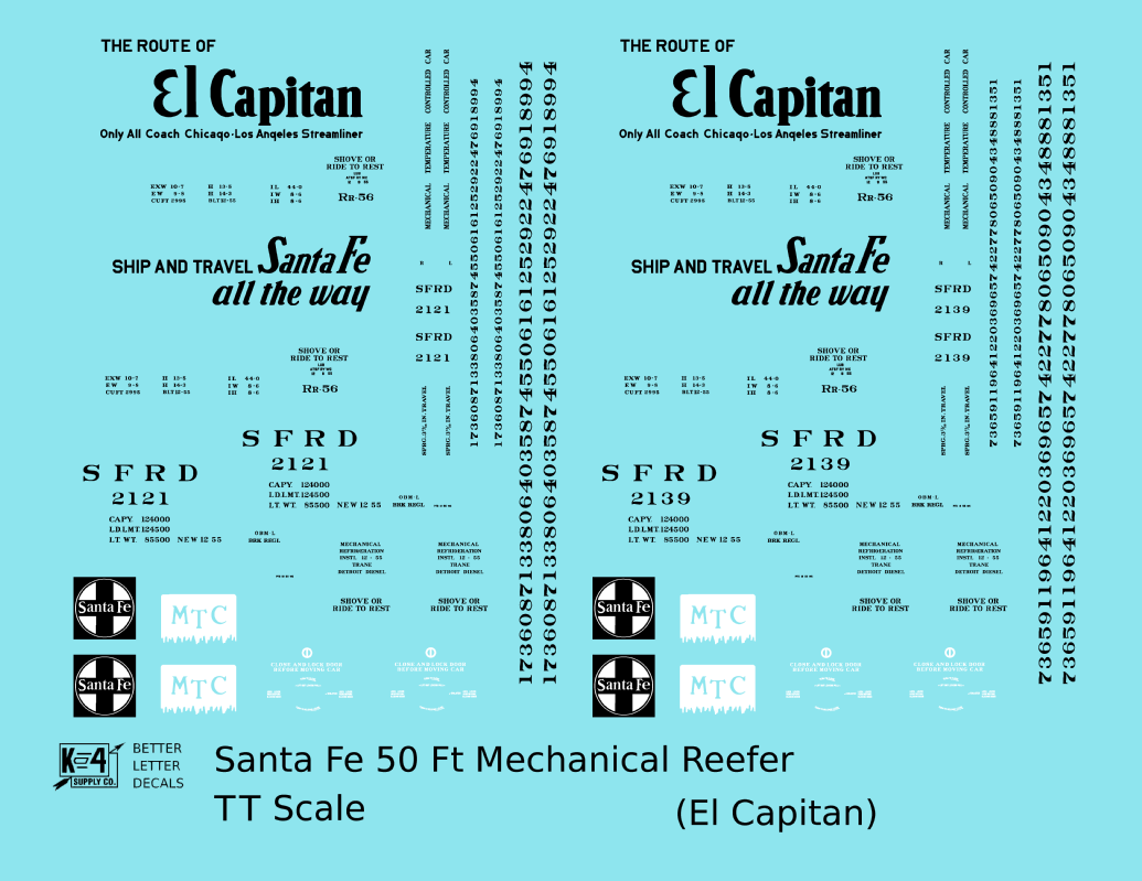 Santa Fe Reefer Despatch 50 Ft Mechanical Reefer Black El Capitan MTC - Decal - Choose Scale