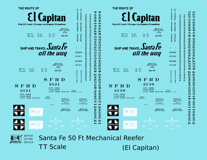 Santa Fe Reefer Despatch 50 Ft Mechanical Reefer Black El Capitan MTC - Decal - Choose Scale