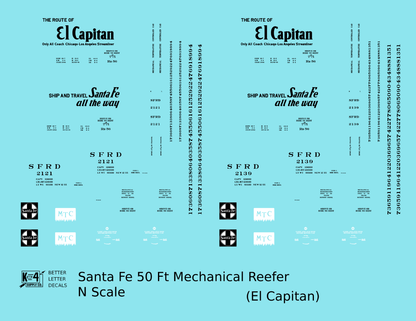 Santa Fe Reefer Despatch 50 Ft Mechanical Reefer Black El Capitan MTC - Decal - Choose Scale