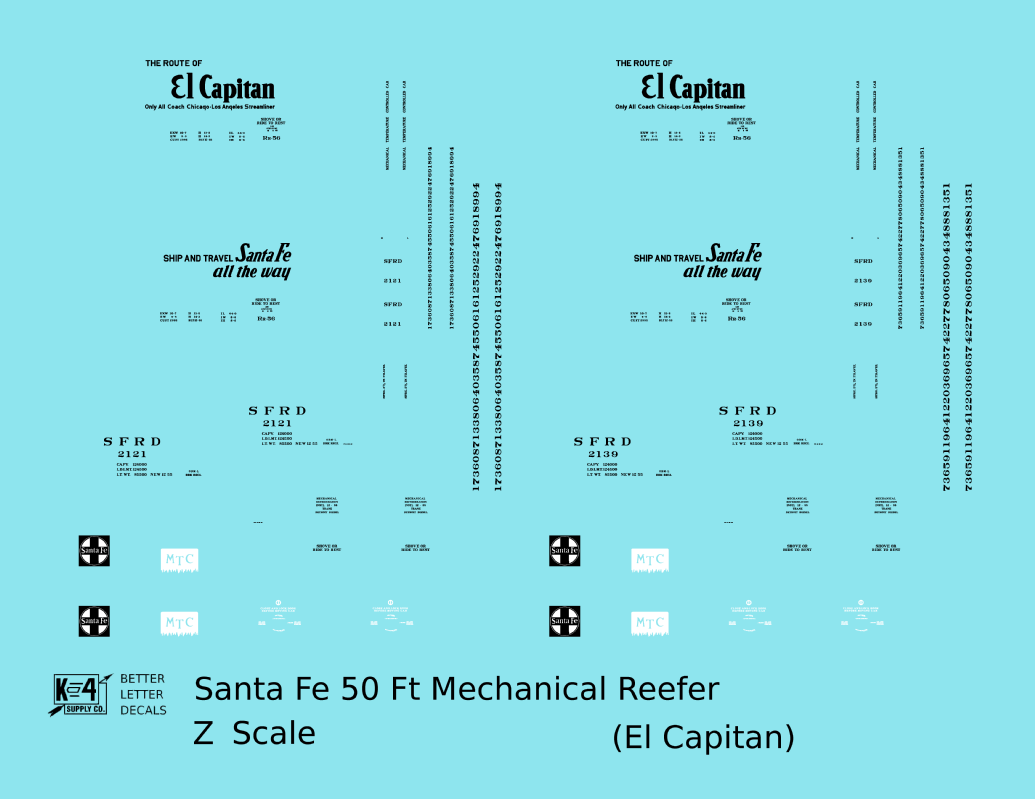 Santa Fe Reefer Despatch 50 Ft Mechanical Reefer Black El Capitan MTC - Decal - Choose Scale