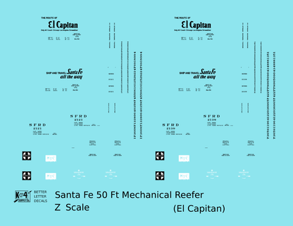 Santa Fe Reefer Despatch 50 Ft Mechanical Reefer Black El Capitan MTC - Decal - Choose Scale