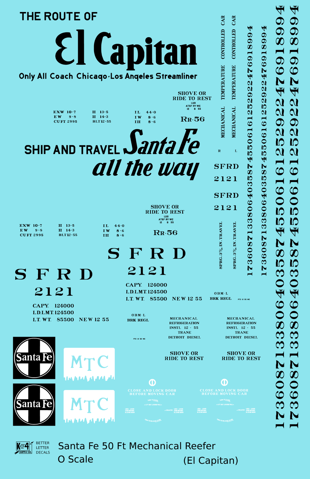 Santa Fe Reefer Despatch 50 Ft Mechanical Reefer Black El Capitan MTC - Decal Sheet