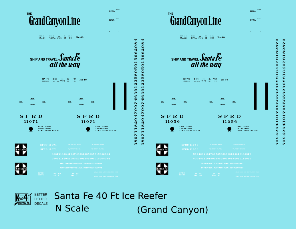 Santa Fe Reefer Despatch 40 Ft Ice Reefer Black Grand Canyon - Decal - Choose Scale