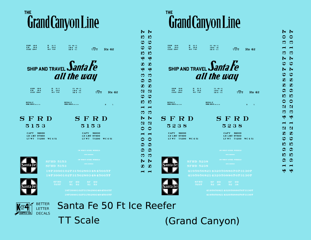 Santa Fe Reefer Despatch 50 Ft Ice Reefer Black Grand Canyon - Decal - Choose Scale