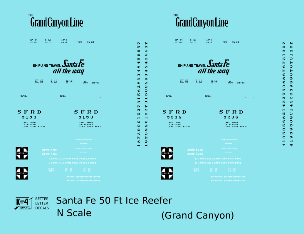 Santa Fe Reefer Despatch 50 Ft Ice Reefer Black Grand Canyon - Decal - Choose Scale