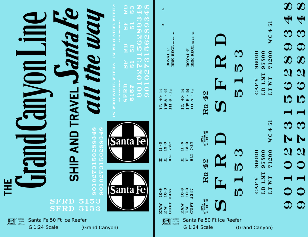 Santa Fe Reefer Despatch 50 Ft Ice Reefer Black Grand Canyon - Decal - Choose Scale