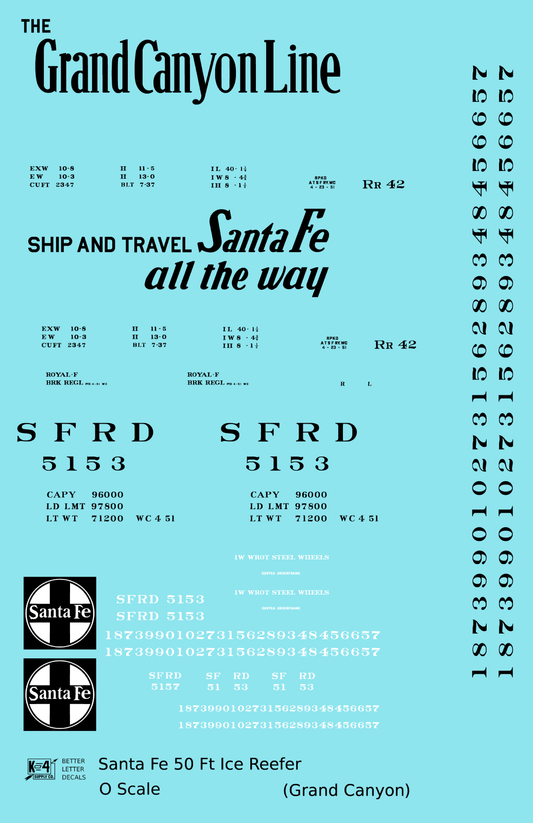 Santa Fe Reefer Despatch 50 Ft Ice Reefer Black Grand Canyon - Decal Sheet