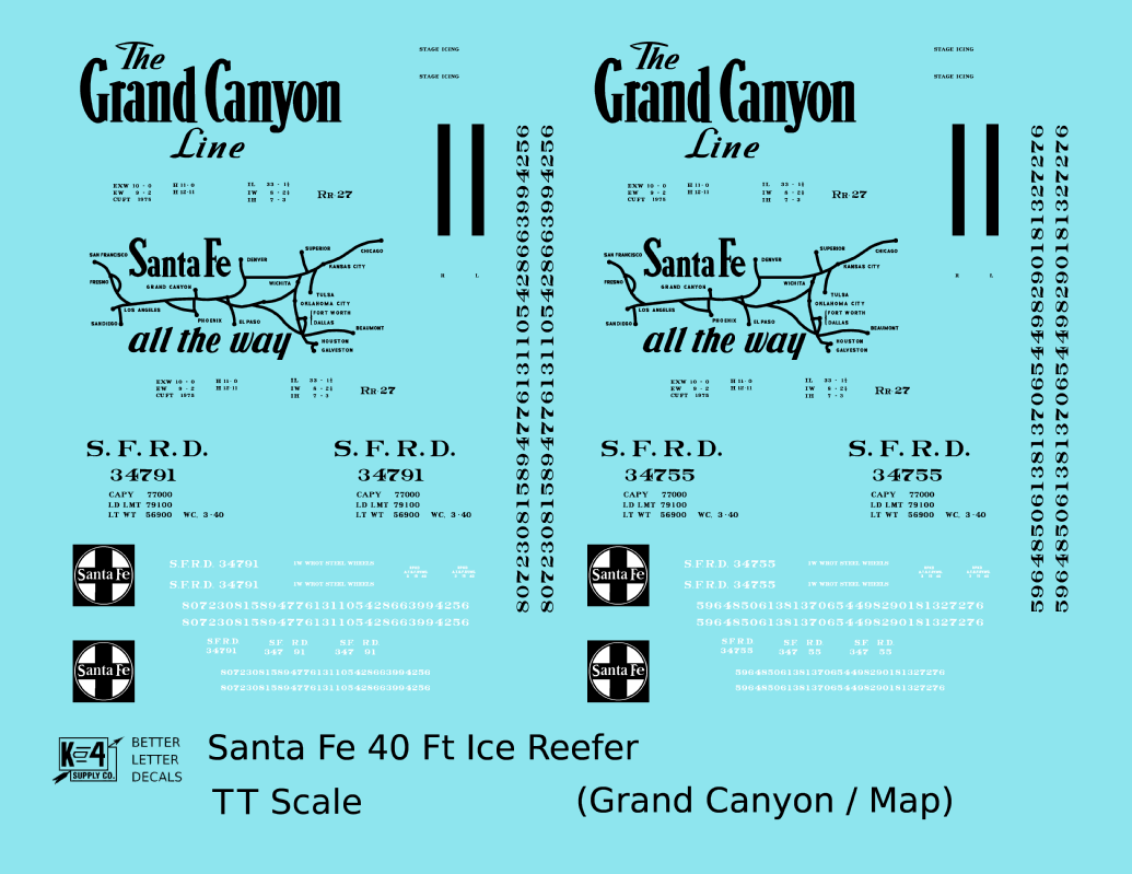 Santa Fe Reefer Despatch 40 Ft Ice Reefer Black Grand Canyon/Map - Decal - Choose Scale