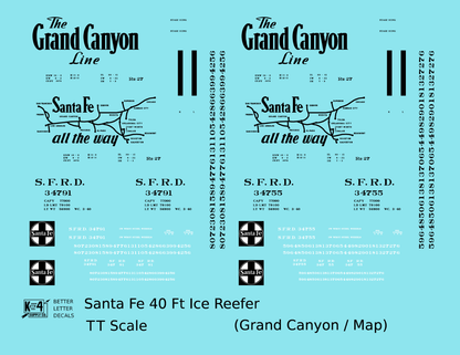 Santa Fe Reefer Despatch 40 Ft Ice Reefer Black Grand Canyon/Map - Decal - Choose Scale