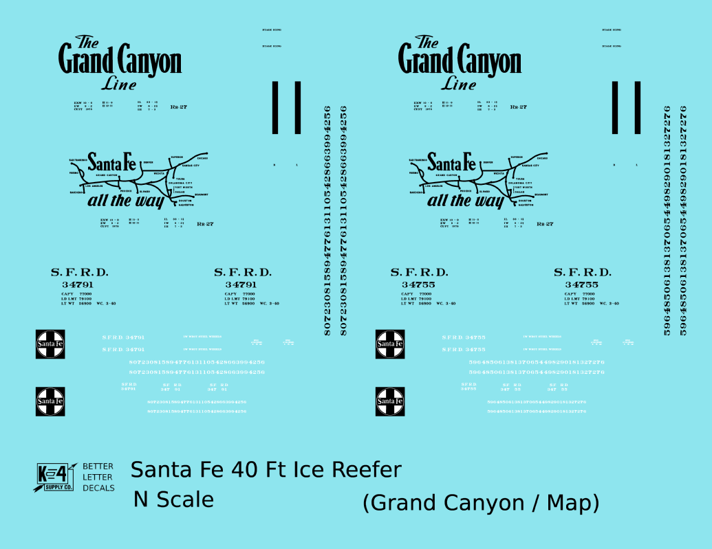 Santa Fe Reefer Despatch 40 Ft Ice Reefer Black Grand Canyon/Map - Decal - Choose Scale