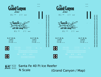 Santa Fe Reefer Despatch 40 Ft Ice Reefer Black Grand Canyon/Map - Decal - Choose Scale
