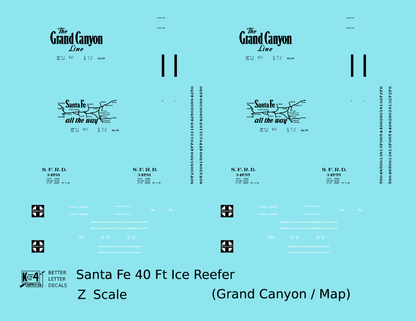 Santa Fe Reefer Despatch 40 Ft Ice Reefer Black Grand Canyon/Map - Decal - Choose Scale