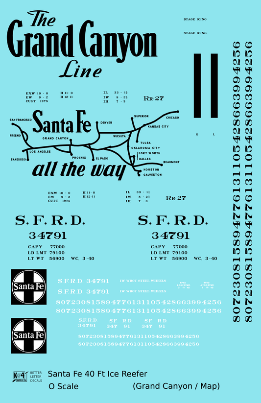 Santa Fe Reefer Despatch 40 Ft Ice Reefer Black Grand Canyon/Map - Decal Sheet