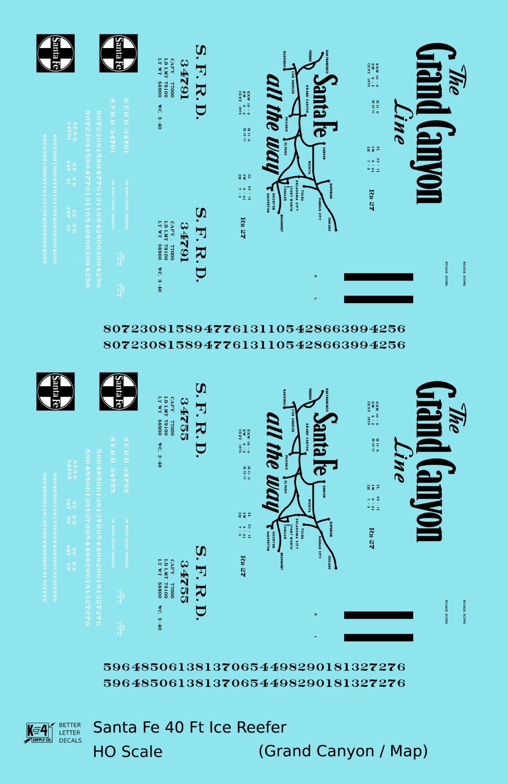 Santa Fe Reefer Despatch 40 Ft Ice Reefer Black Grand Canyon/Map - Decal - Choose Scale