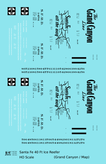 Santa Fe Reefer Despatch 40 Ft Ice Reefer Black Grand Canyon/Map - Decal - Choose Scale