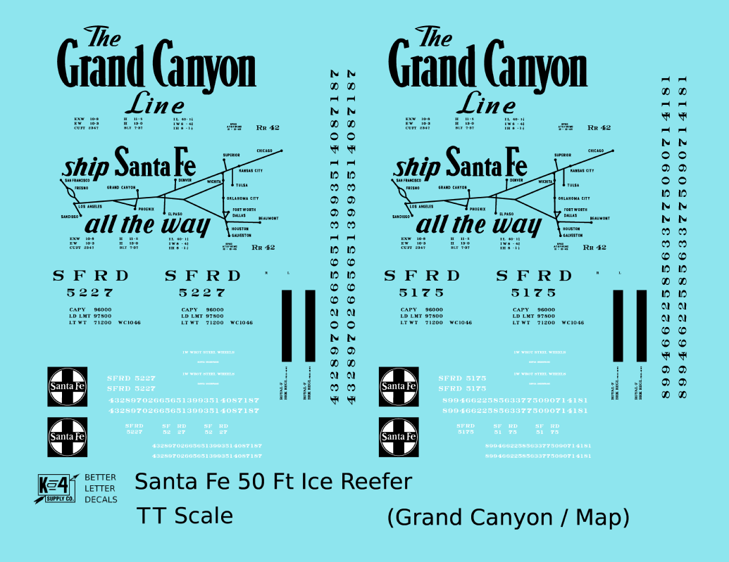 Santa Fe Reefer Despatch 50 Ft Ice Reefer Black Grand Canyon/Map - Decal - Choose Scale
