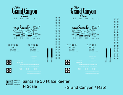 Santa Fe Reefer Despatch 50 Ft Ice Reefer Black Grand Canyon/Map - Decal - Choose Scale