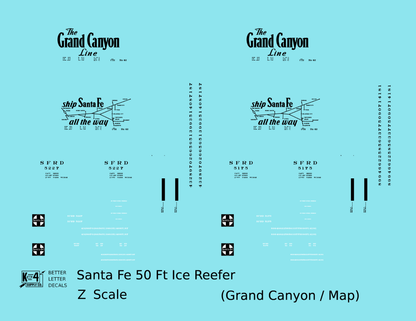 Santa Fe Reefer Despatch 50 Ft Ice Reefer Black Grand Canyon/Map - Decal - Choose Scale