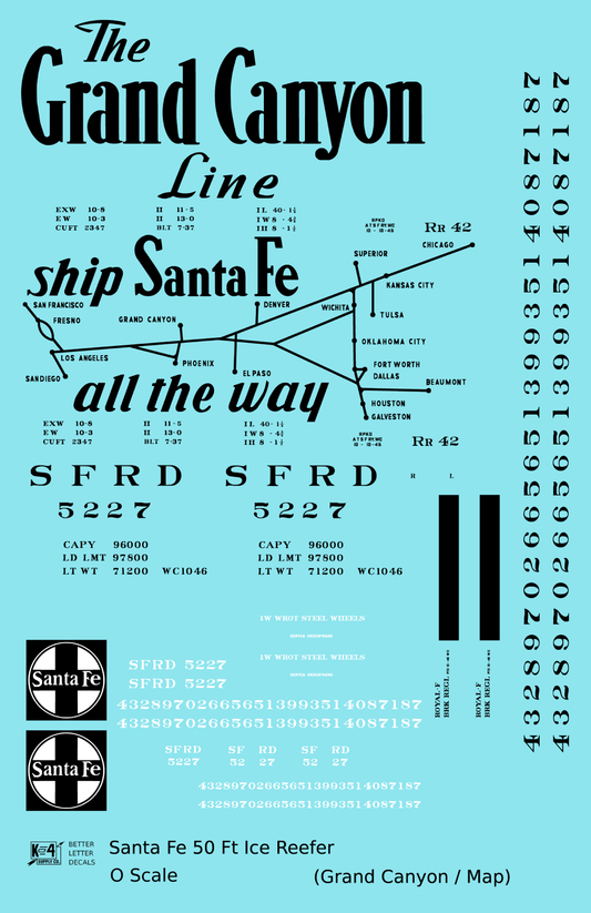 Santa Fe Reefer Despatch 50 Ft Ice Reefer Black Grand Canyon/Map - Decal Sheet