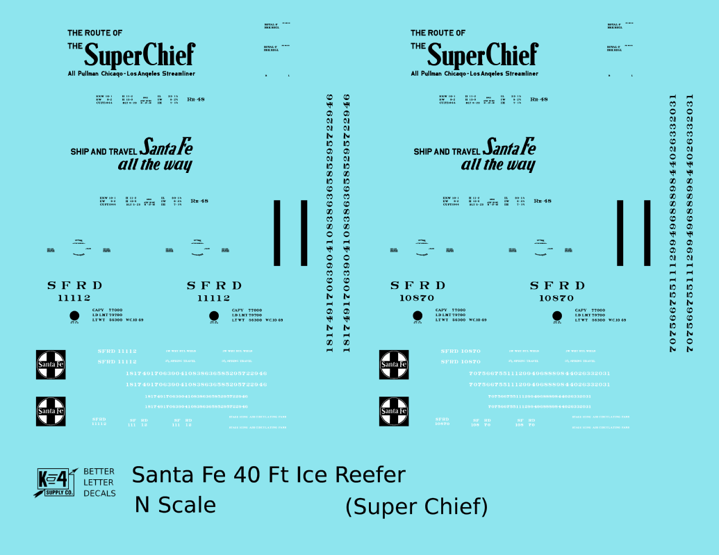 Santa Fe Reefer Despatch 40 Ft Ice Reefer Black Super Chief - Decal - Choose Scale