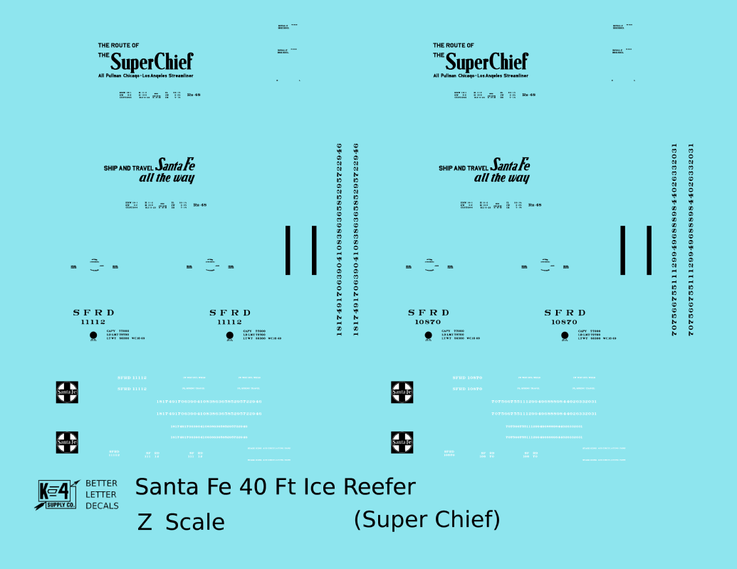 Santa Fe Reefer Despatch 40 Ft Ice Reefer Black Super Chief - Decal - Choose Scale