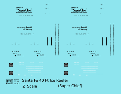 Santa Fe Reefer Despatch 40 Ft Ice Reefer Black Super Chief - Decal - Choose Scale