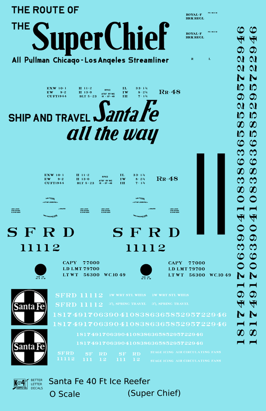 Santa Fe Reefer Despatch 40 Ft Ice Reefer Black Super Chief - Decal Sheet
