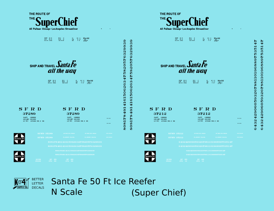 Santa Fe Reefer Despatch 50 Ft Ice Reefer Black Super Chief - Decal - Choose Scale