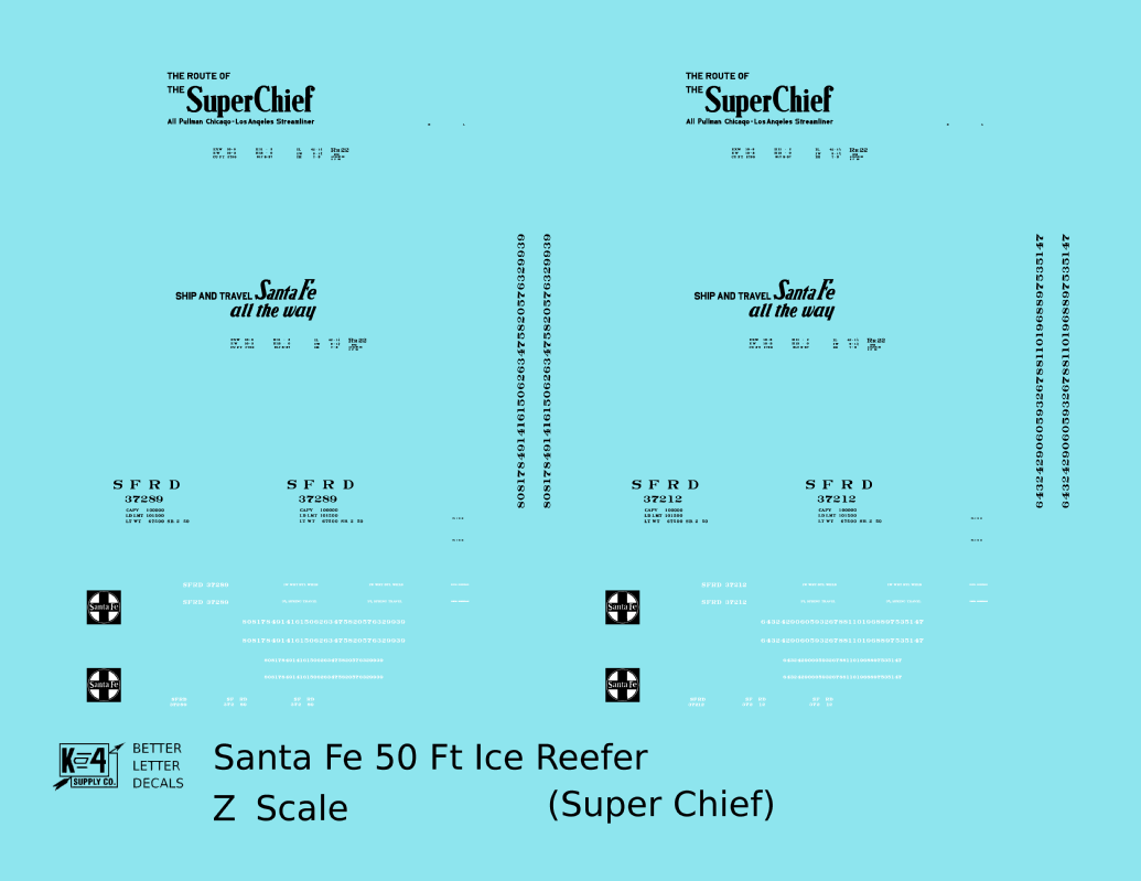 Santa Fe Reefer Despatch 50 Ft Ice Reefer Black Super Chief - Decal - Choose Scale