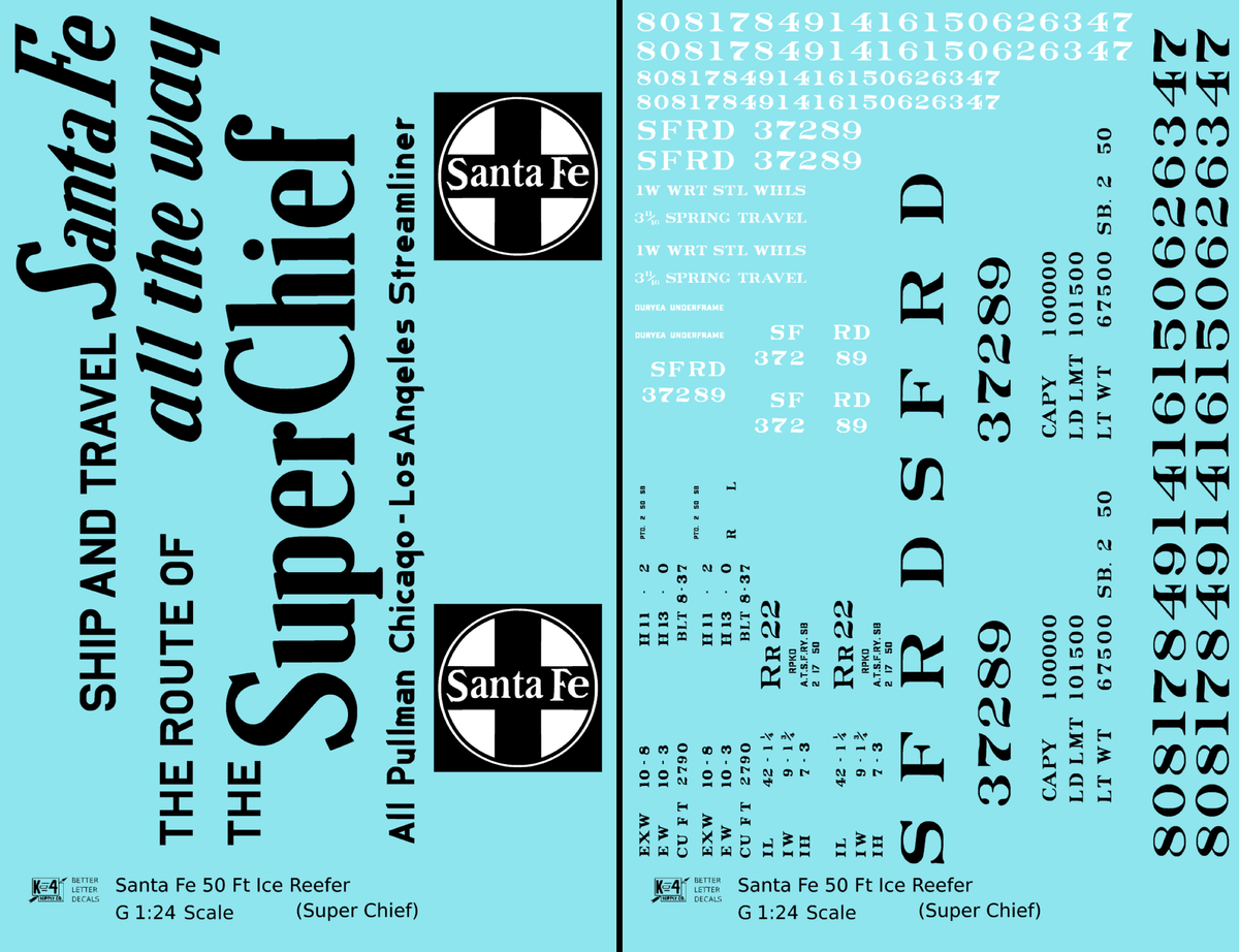 Santa Fe Reefer Despatch 50 Ft Ice Reefer Black Super Chief - Decal - Choose Scale