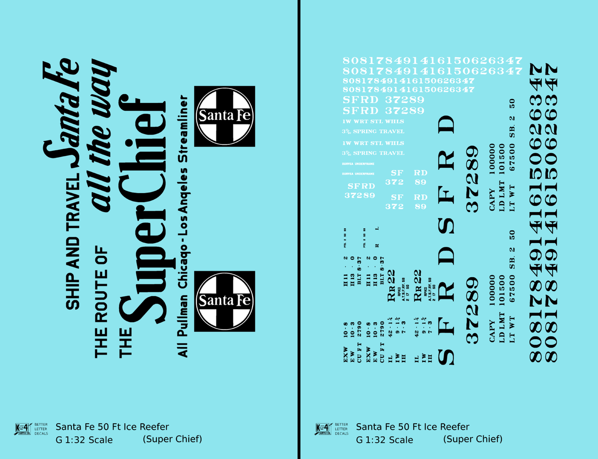Santa Fe Reefer Despatch 50 Ft Ice Reefer Black Super Chief - Decal - Choose Scale