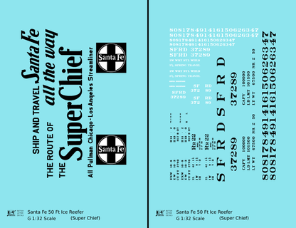 Santa Fe Reefer Despatch 50 Ft Ice Reefer Black Super Chief - Decal - Choose Scale