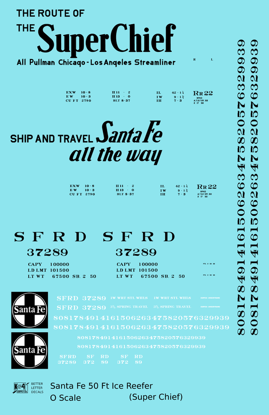 Santa Fe Reefer Despatch 50 Ft Ice Reefer Black Super Chief - Decal Sheet