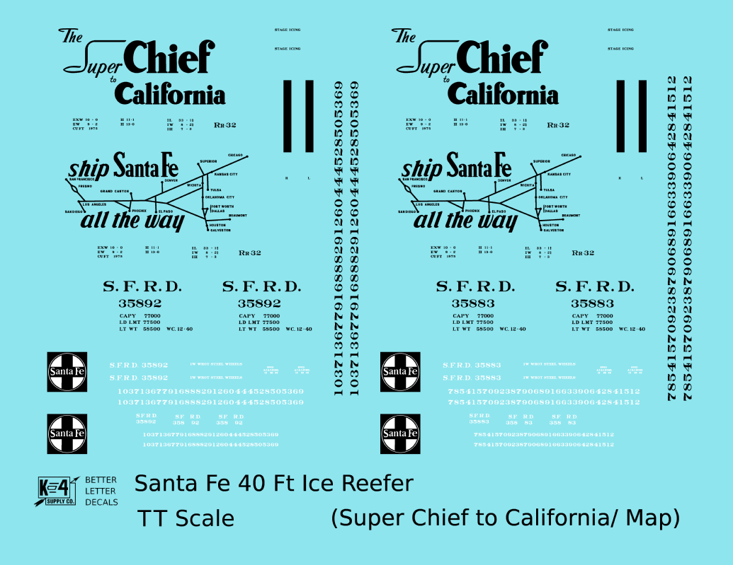 Santa Fe Reefer Despatch 40 Ft Ice Reefer Black Super Chief/Map - Decal - Choose Scale